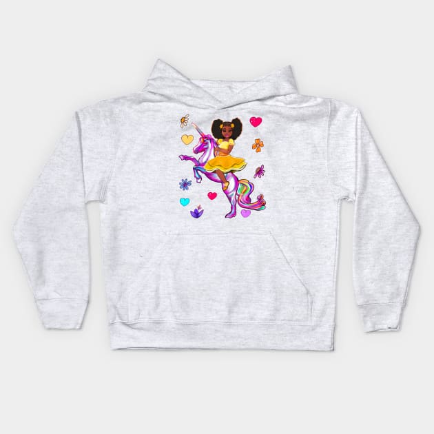 Afro hair Princess on a unicorn pony - black girl with curly afro hair on a horse. Black princess Kids Hoodie by Artonmytee